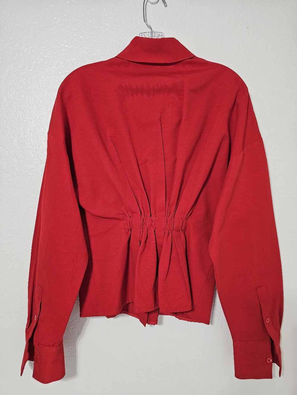 STAUD Red Structured Button Front Blouse Sz S Statement Collar Cinched Waist Top - Picture 5 of 9